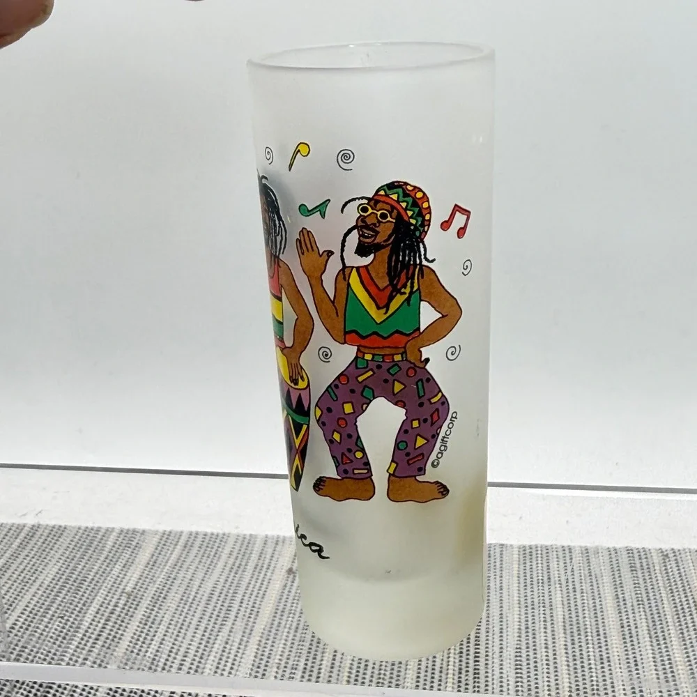 Jamaica Frosted Glass Shooter‎ Shot Glass Souvenir Caribbean Musicians Dancers